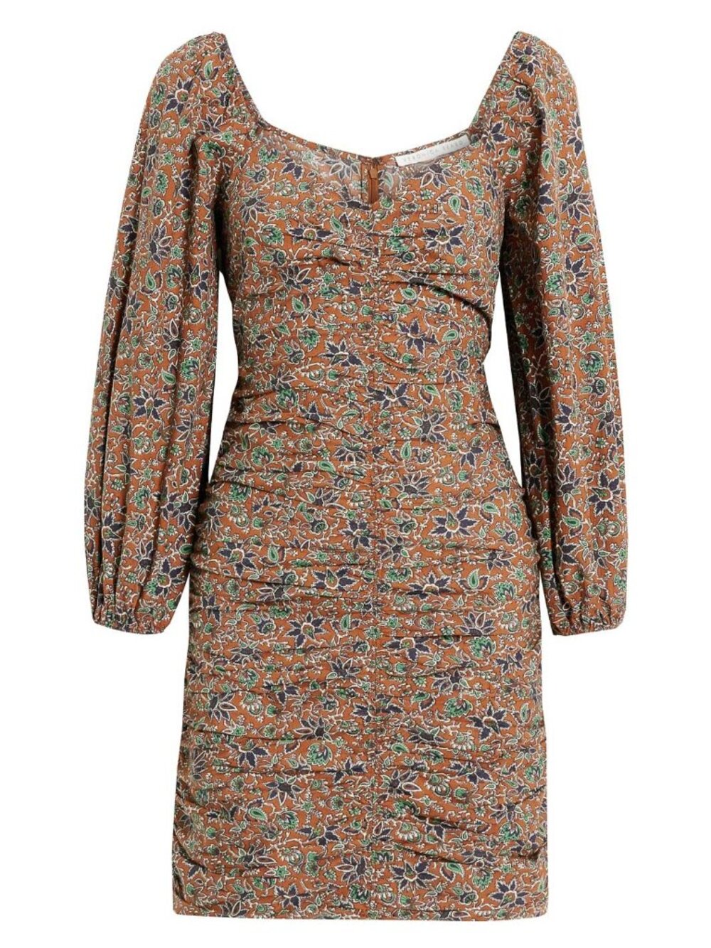 NWT VERONICA BEARD 100% Cotton Mini Dress Ruched Long Balloon Sleeve, 6, Brown